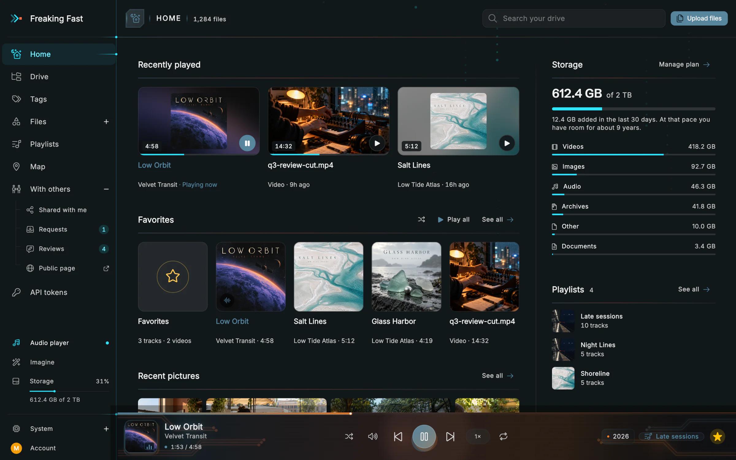Freaking Fast File Drive's home page: recently played tracks and videos, favorites, storage by kind and playlists.