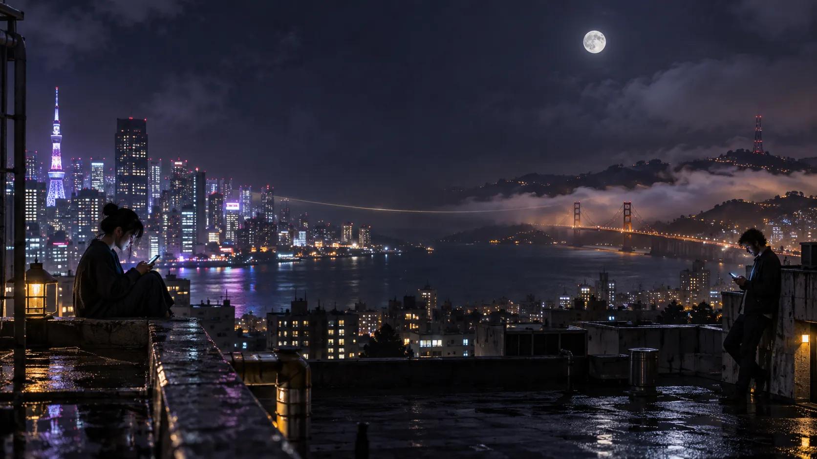 Two people on rooftops across a bay at night, each on their phone, under one moon.